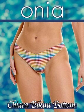 ONIA Chiara Plaid Print V-Cut Waist Cheeky Bikini Bottoms NWT $120/Md